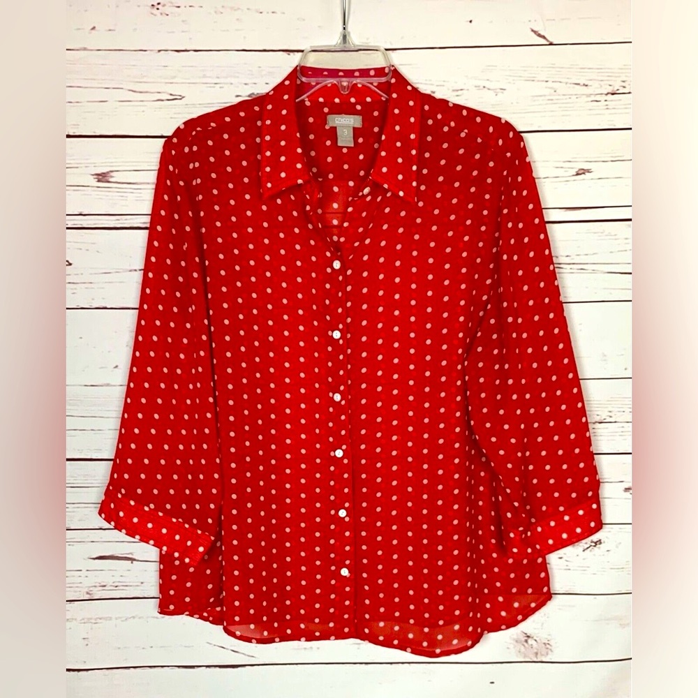 Chico's 0 (4 small) Semi Sheer Polkadot 3/4 Sleeve Button Down Blouse Red White